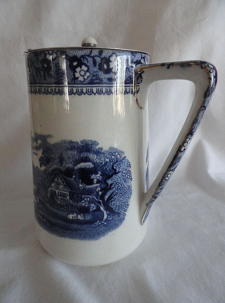 Flow Blue Pewter Lidded Pitcher, Farm Scene With Cows, Ivanhoe Flow Blue Pewter Lidded Pitcher, Farm Scene With Cows, Ivanhoe