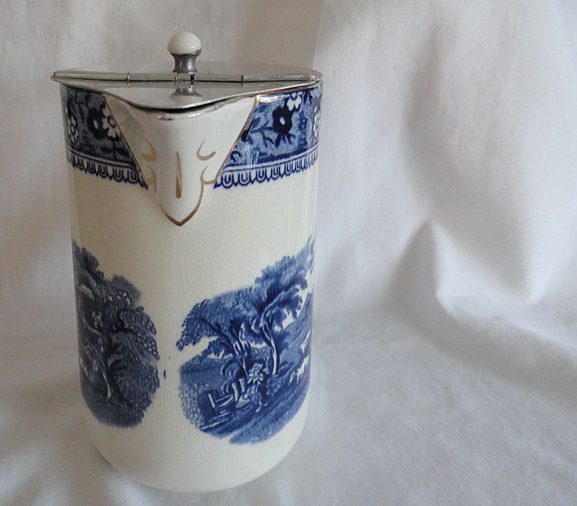 Flow Blue Pewter Lidded Pitcher, Farm Scene With Cows, Ivanhoe Flow Blue Pewter Lidded Pitcher, Farm Scene With Cows, Ivanhoe