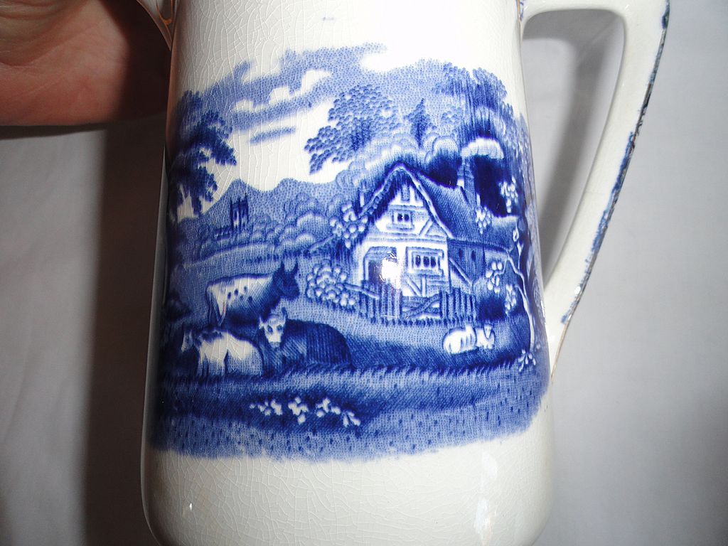 Flow Blue Pewter Lidded Pitcher, Farm Scene With Cows, Ivanhoe Flow Blue Pewter Lidded Pitcher, Farm Scene With Cows, Ivanhoe
