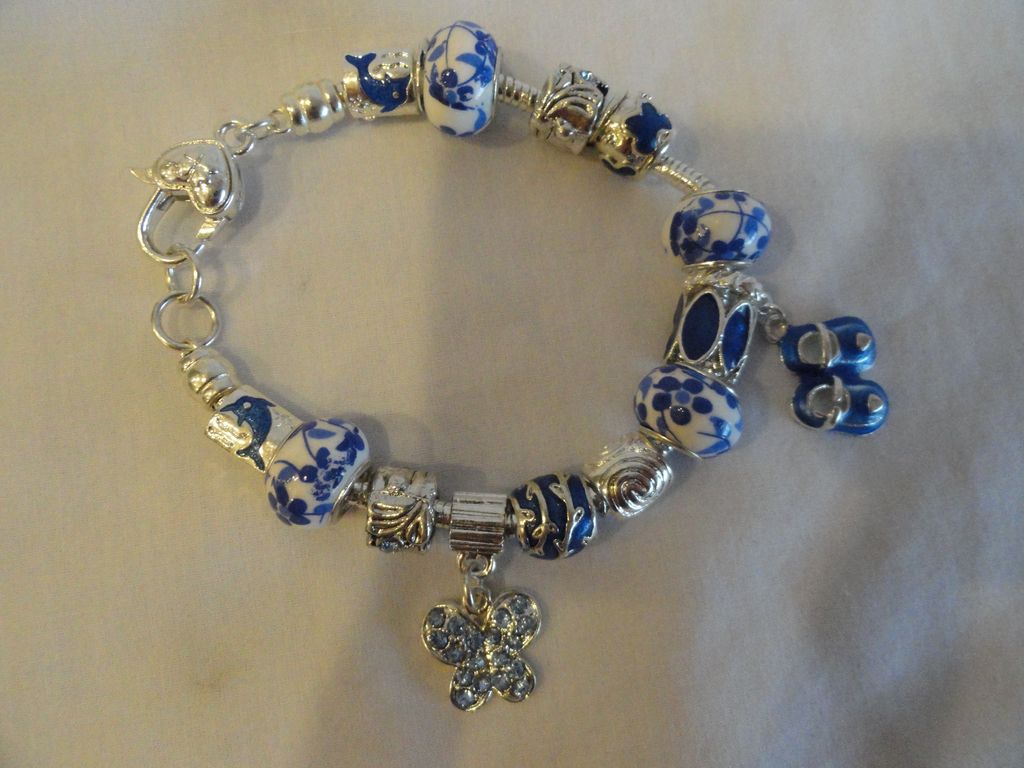 PANDORA Style Blue & White Charm Bracelet In Sterling Silver PANDORA Style Blue & White Charm Bracelet In Sterling Silver