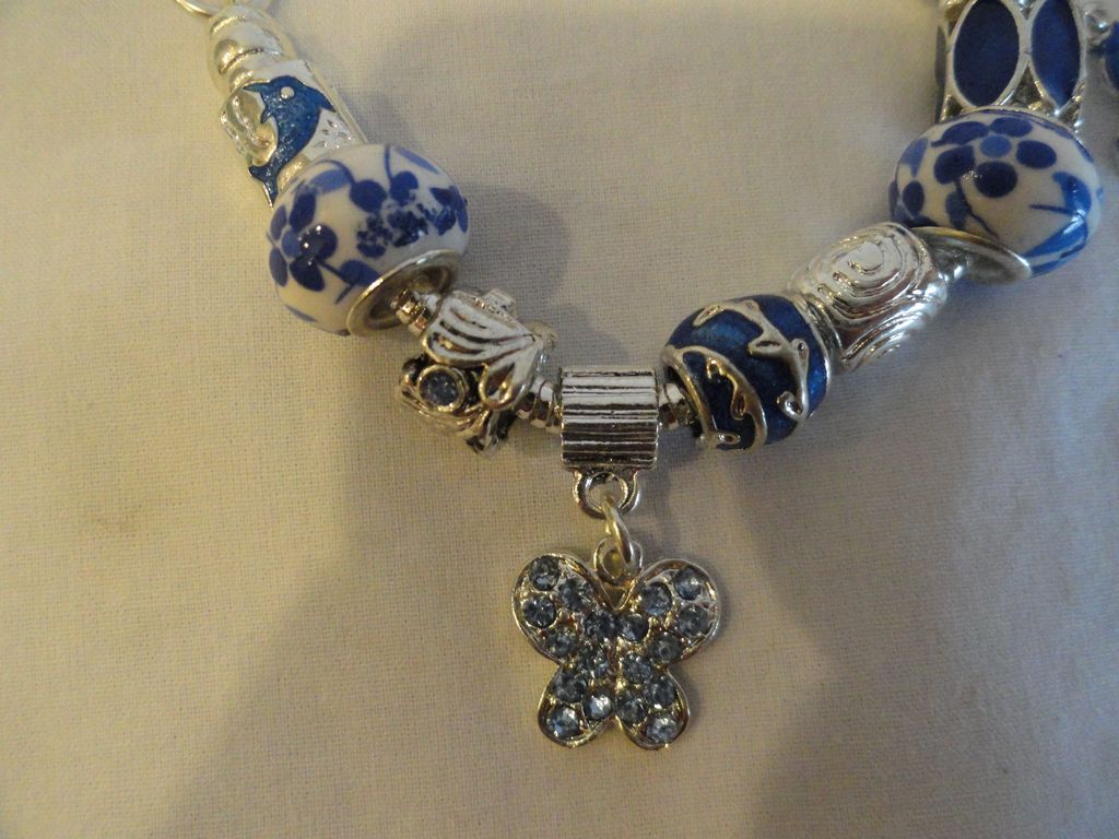 PANDORA Style Blue & White Charm Bracelet In Sterling Silver PANDORA Style Blue & White Charm Bracelet In Sterling Silver