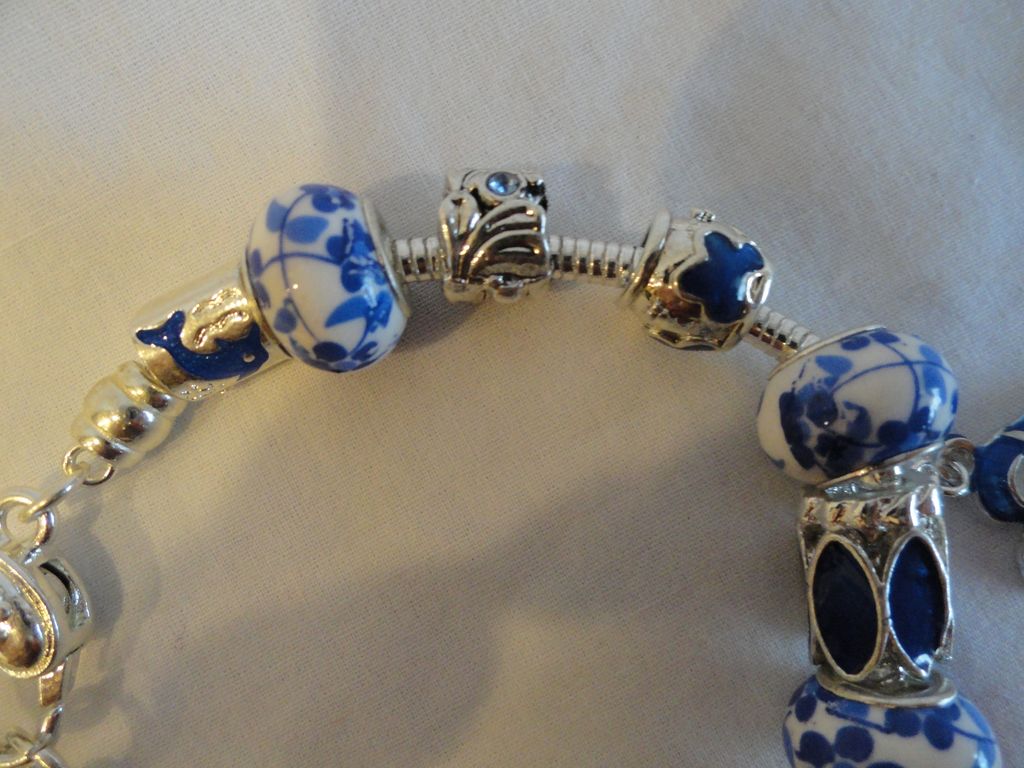 PANDORA Style Blue & White Charm Bracelet In Sterling Silver PANDORA Style Blue & White Charm Bracelet In Sterling Silver