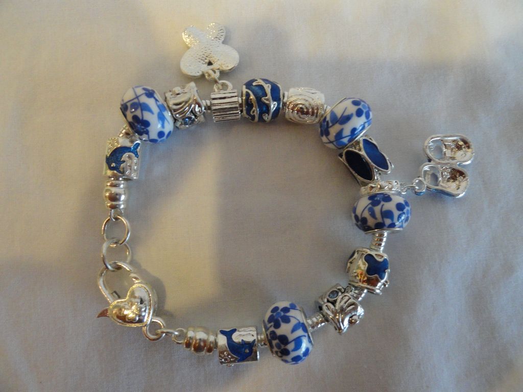 PANDORA Style Blue & White Charm Bracelet In Sterling Silver PANDORA Style Blue & White Charm Bracelet In Sterling Silver