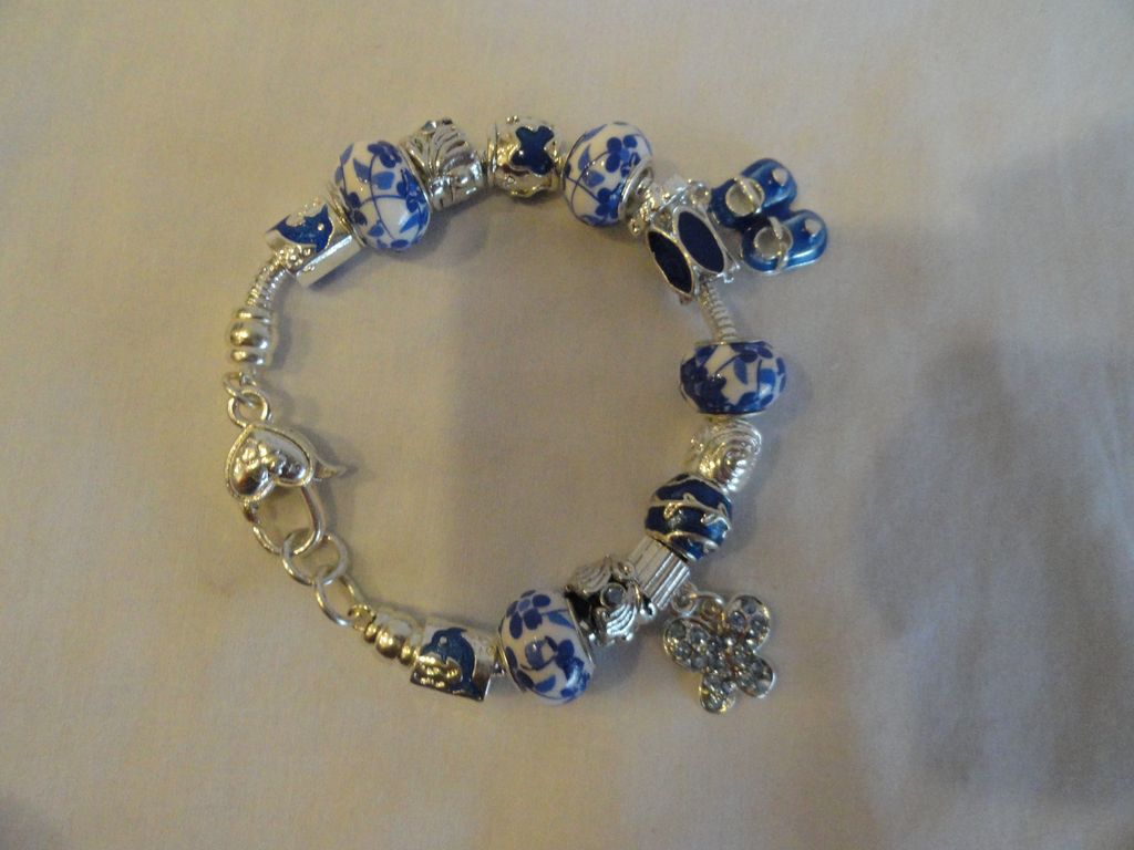 PANDORA Style Blue & White Charm Bracelet In Sterling Silver PANDORA Style Blue & White Charm Bracelet In Sterling Silver