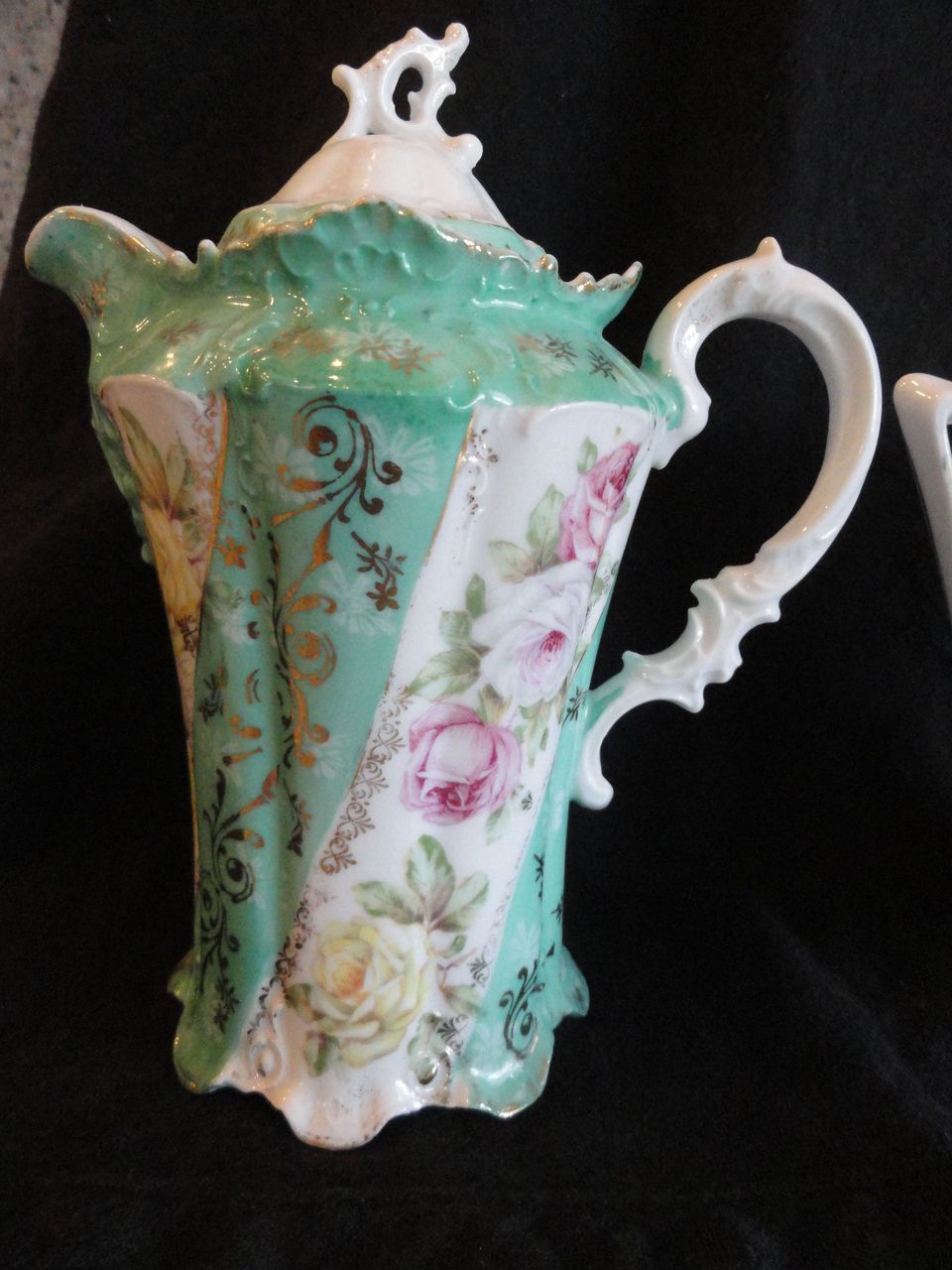RS Prussia Demi Coffee Pot, Lovely Roses With Teal Stripes RS Prussia Demi Coffee Pot, Lovely Roses With Teal Stripes