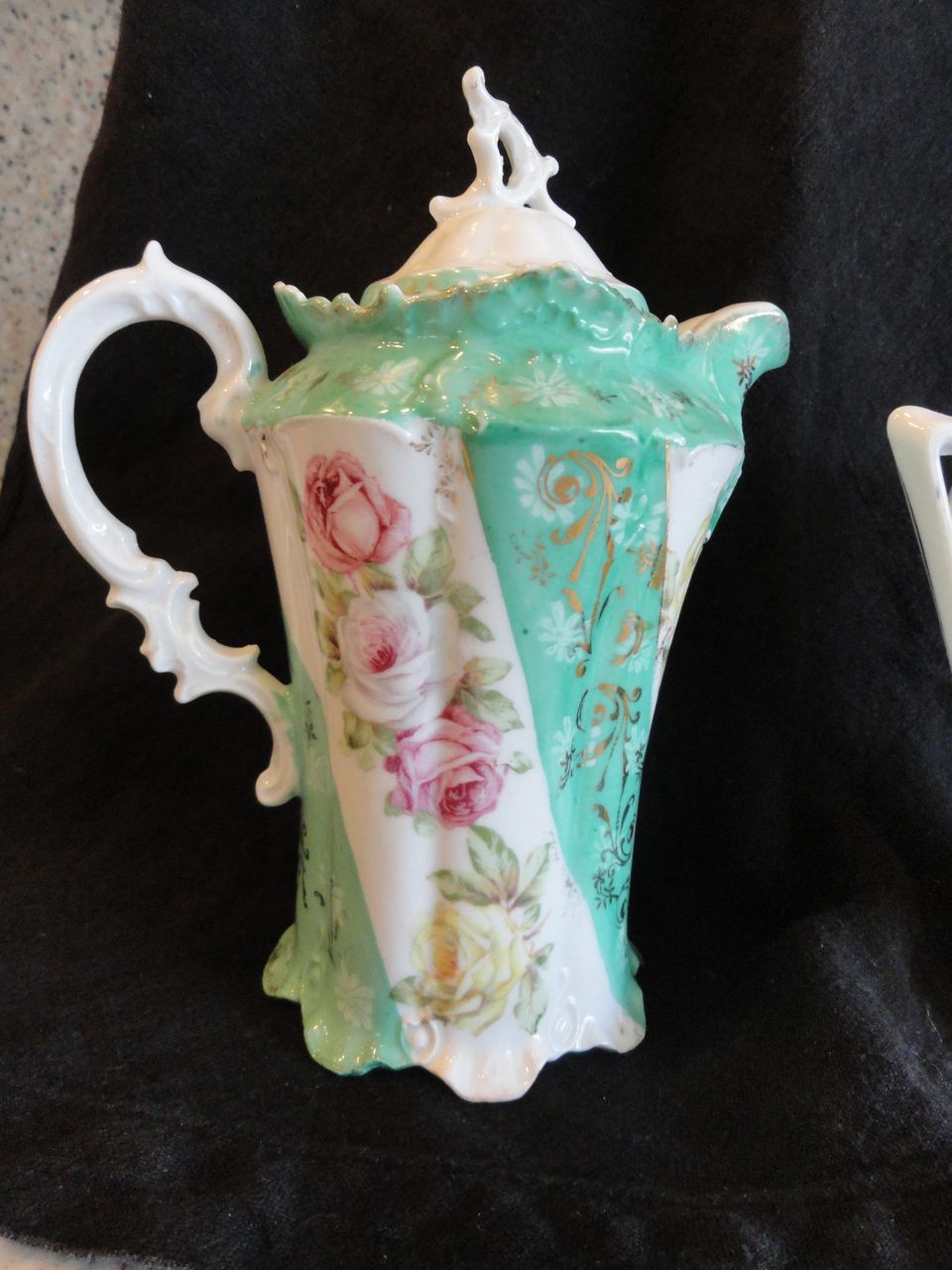 RS Prussia Demi Coffee Pot, Lovely Roses With Teal Stripes RS Prussia Demi Coffee Pot, Lovely Roses With Teal Stripes