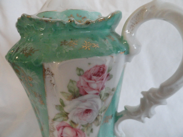 RS Prussia Demi Coffee Pot, Lovely Roses With Teal Stripes RS Prussia Demi Coffee Pot, Lovely Roses With Teal Stripes