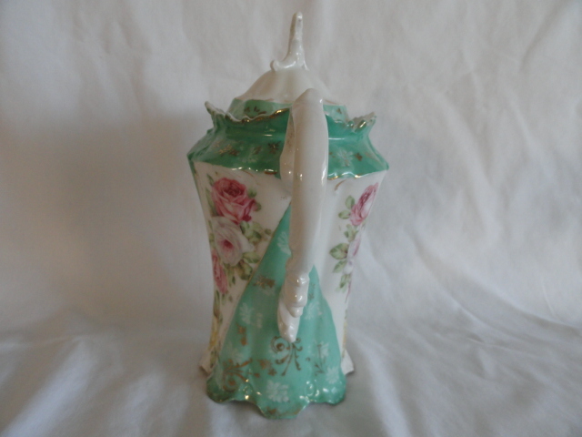 RS Prussia Demi Coffee Pot, Lovely Roses With Teal Stripes RS Prussia Demi Coffee Pot, Lovely Roses With Teal Stripes