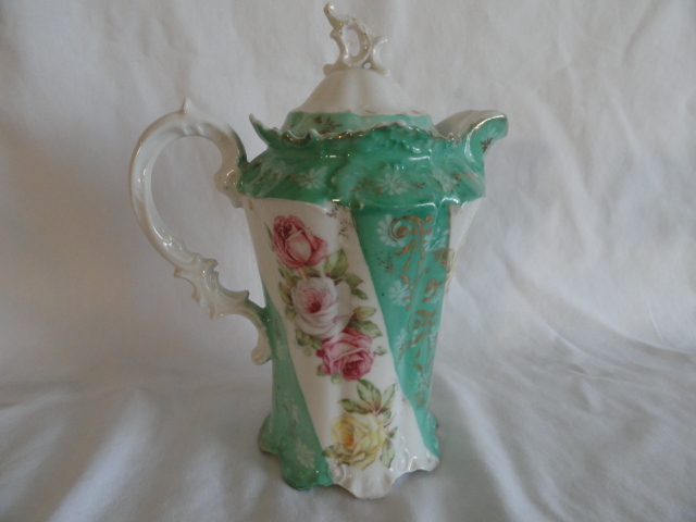 RS Prussia Demi Coffee Pot, Lovely Roses With Teal Stripes RS Prussia Demi Coffee Pot, Lovely Roses With Teal Stripes
