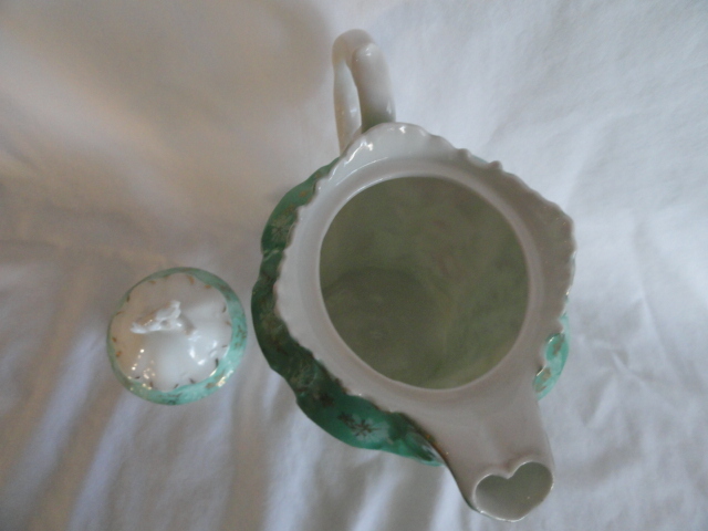 RS Prussia Demi Coffee Pot, Lovely Roses With Teal Stripes RS Prussia Demi Coffee Pot, Lovely Roses With Teal Stripes