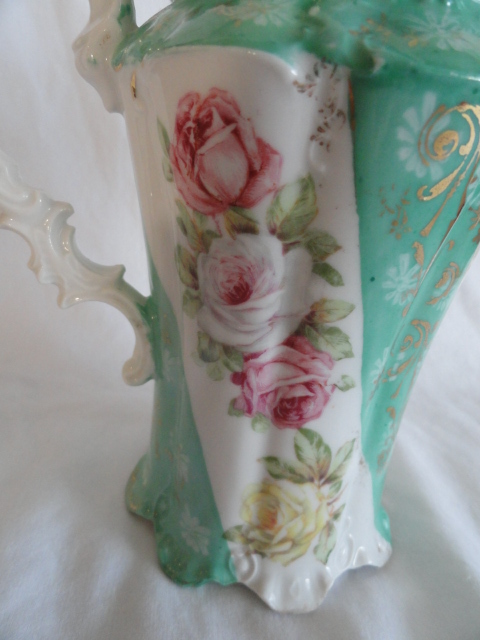 RS Prussia Demi Coffee Pot, Lovely Roses With Teal Stripes RS Prussia Demi Coffee Pot, Lovely Roses With Teal Stripes