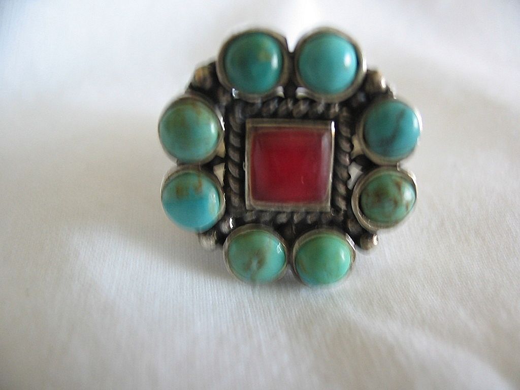 Arizona Indian Fancy Turquoise & Red Coral Ring in Sterling Silver Arizona Indian Fancy Turquoise & Red Coral Ring in Sterling Silver