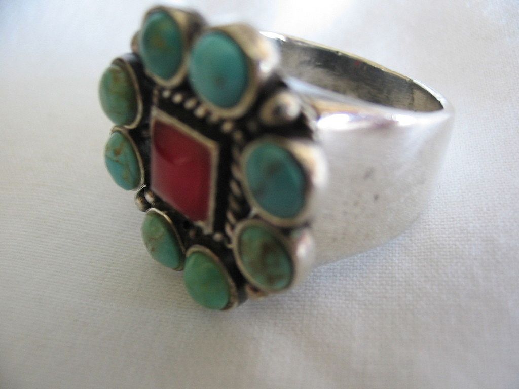Arizona Indian Fancy Turquoise & Red Coral Ring in Sterling Silver Arizona Indian Fancy Turquoise & Red Coral Ring in Sterling Silver