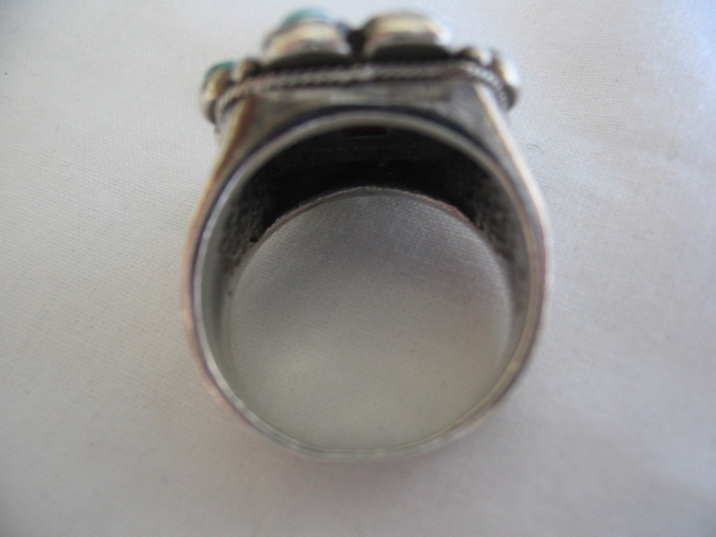 Arizona Indian Fancy Turquoise & Red Coral Ring in Sterling Silver Arizona Indian Fancy Turquoise & Red Coral Ring in Sterling Silver