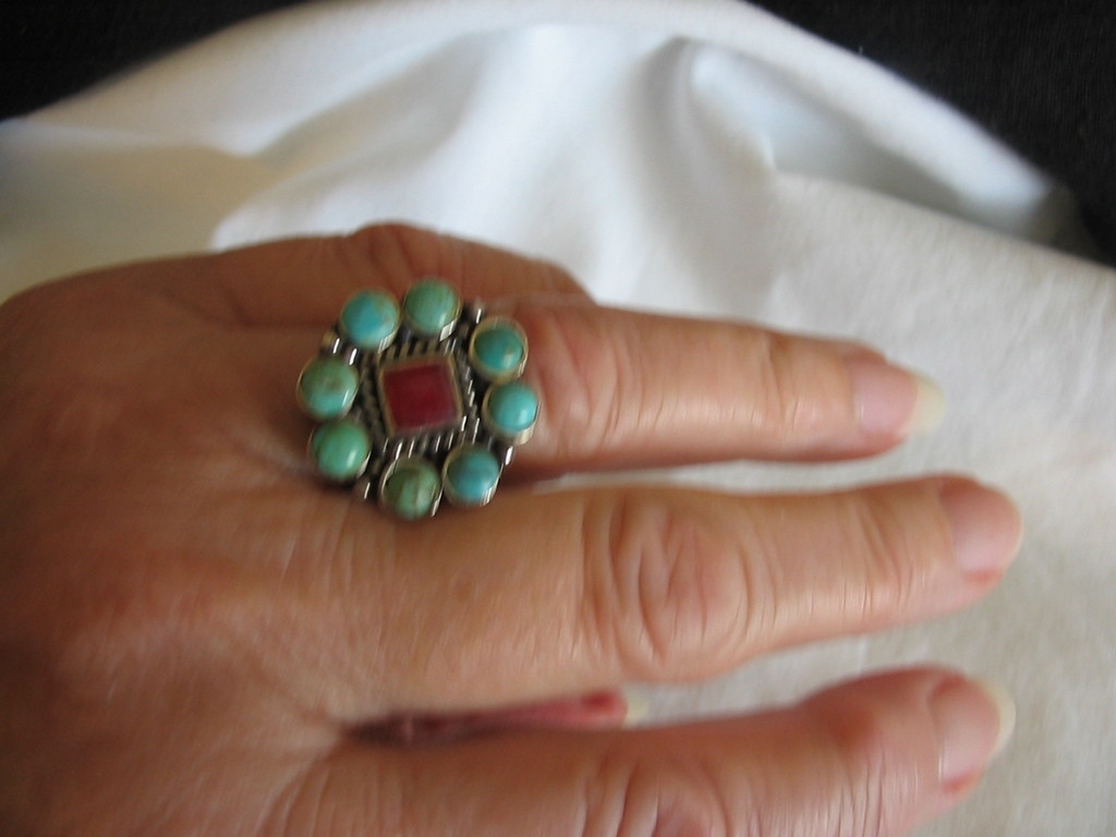 Arizona Indian Fancy Turquoise & Red Coral Ring in Sterling Silver Arizona Indian Fancy Turquoise & Red Coral Ring in Sterling Silver
