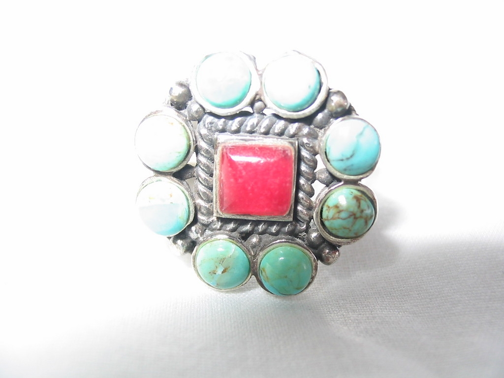 Arizona Indian Fancy Turquoise & Red Coral Ring in Sterling Silver Arizona Indian Fancy Turquoise & Red Coral Ring in Sterling Silver