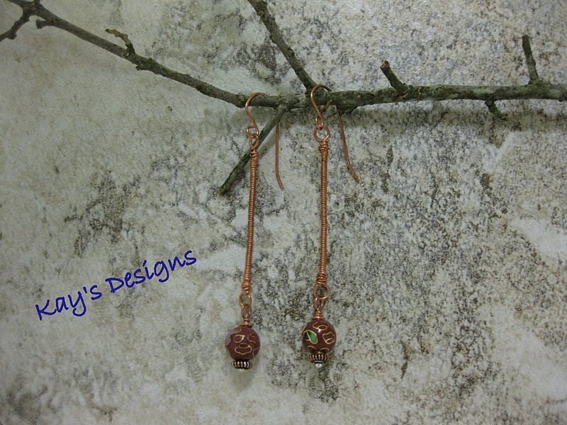 Skinny Coiled earrings with Cloisonne Bead Skinny Coiled earrings with Cloisonne Bead