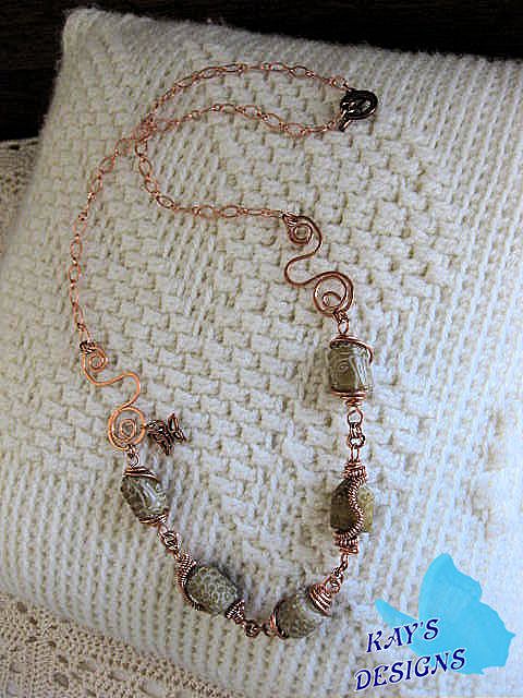 Copper caged & coiled primitive carved stones necklace Copper caged & coiled primitive carved stones necklace