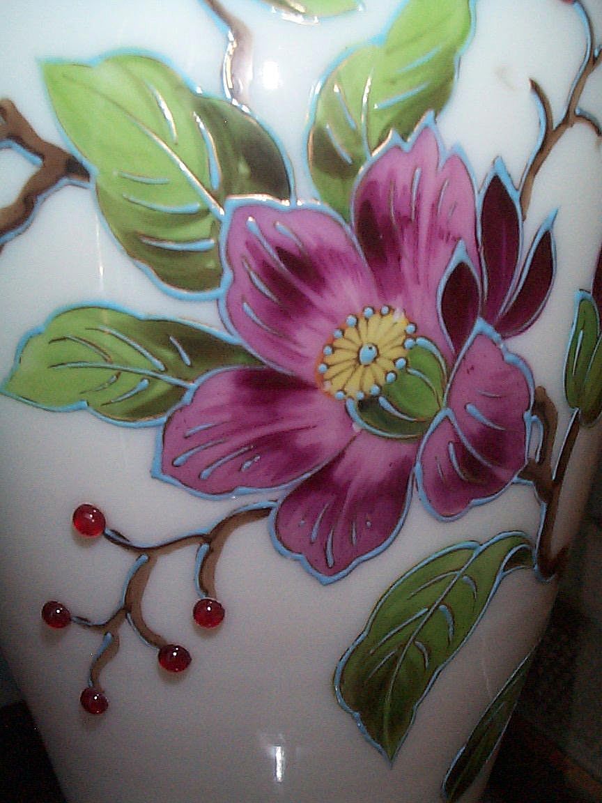 Cased Glass Vase with Vines, Leaves, & Flowers Cased Glass Vase with Vines, Leaves, & Flowers