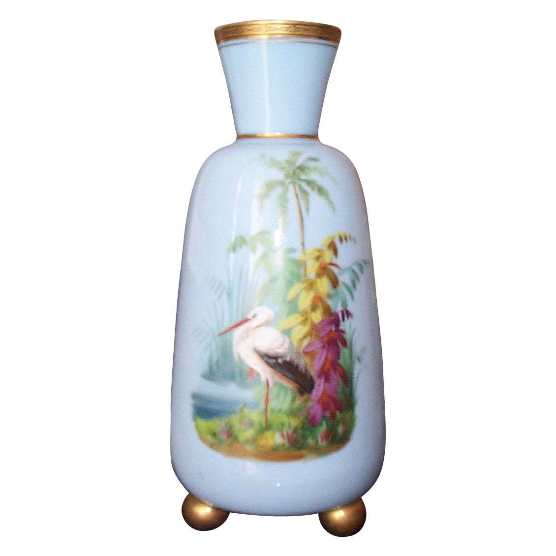 Tall Opaline Vase with Hand Painted Scenic Tropical Scene & Bird Tall Opaline Vase with Hand Painted Scenic Tropical Scene & Bird