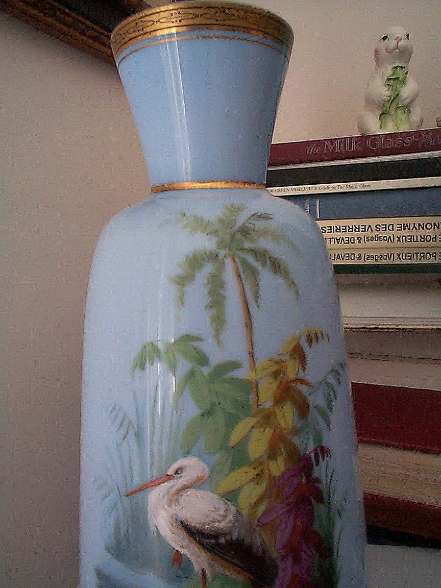 Tall Opaline Vase with Hand Painted Scenic Tropical Scene & Bird Tall Opaline Vase with Hand Painted Scenic Tropical Scene & Bird