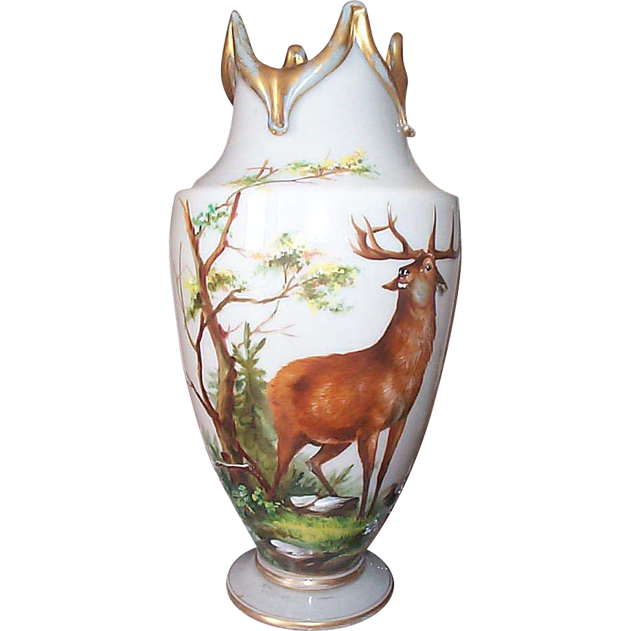 Opaline Vase with Hand Painted Forest Scene featuring a Stag Opaline Vase with Hand Painted Forest Scene featuring a Stag