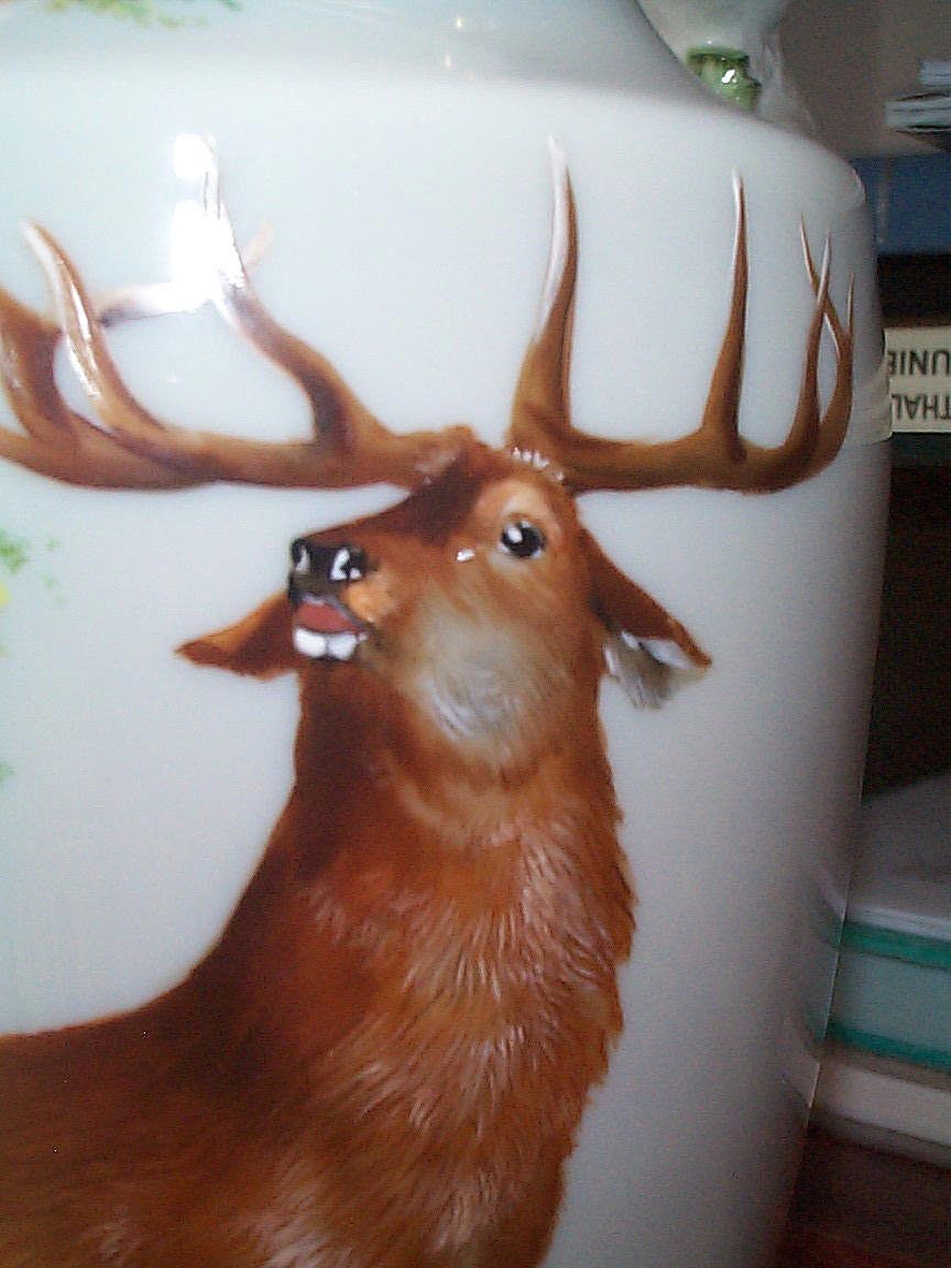 Opaline Vase with Hand Painted Forest Scene featuring a Stag Opaline Vase with Hand Painted Forest Scene featuring a Stag