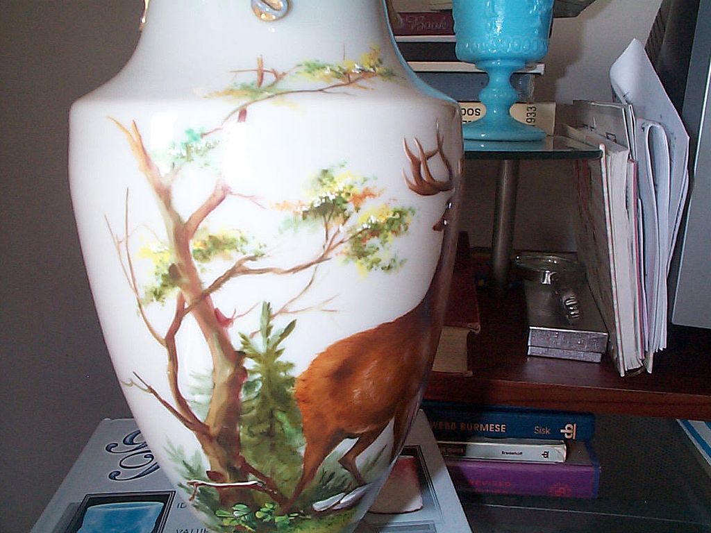 Opaline Vase with Hand Painted Forest Scene featuring a Stag Opaline Vase with Hand Painted Forest Scene featuring a Stag