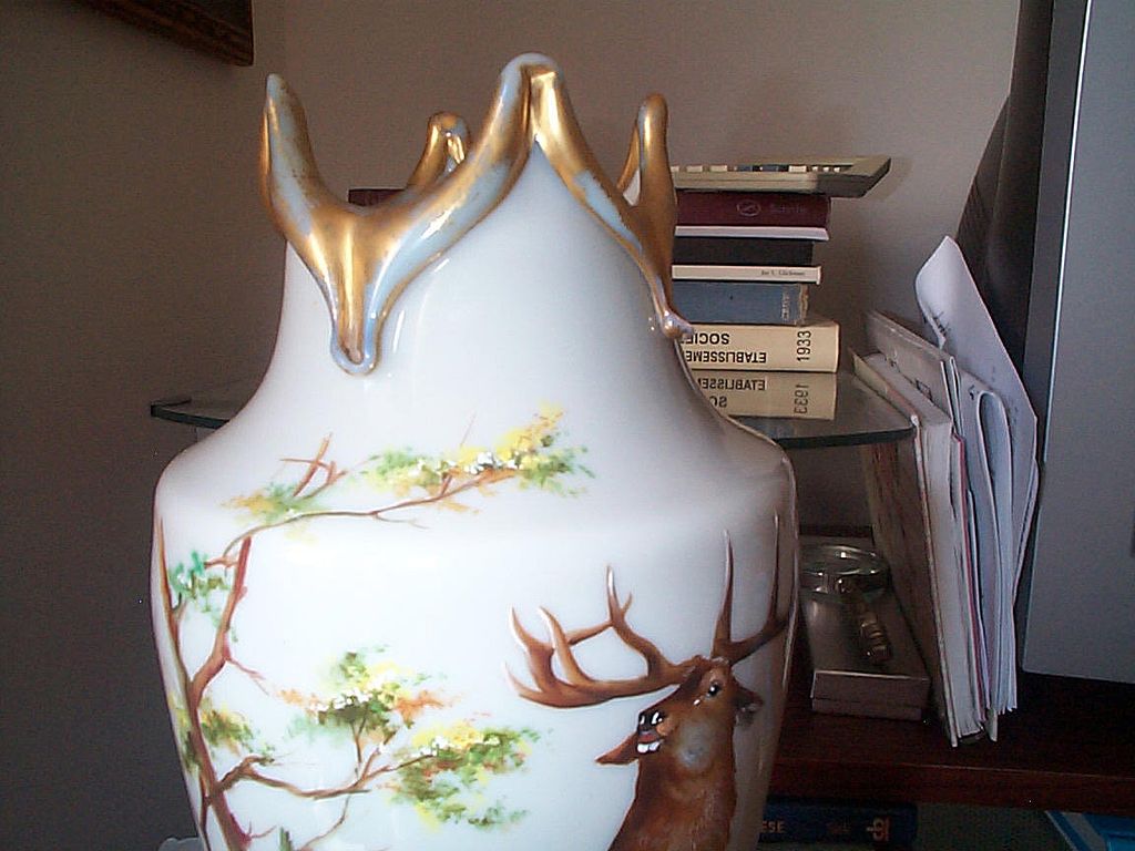 Opaline Vase with Hand Painted Forest Scene featuring a Stag Opaline Vase with Hand Painted Forest Scene featuring a Stag