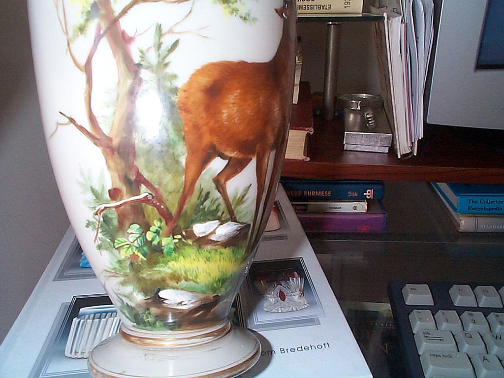 Opaline Vase with Hand Painted Forest Scene featuring a Stag Opaline Vase with Hand Painted Forest Scene featuring a Stag
