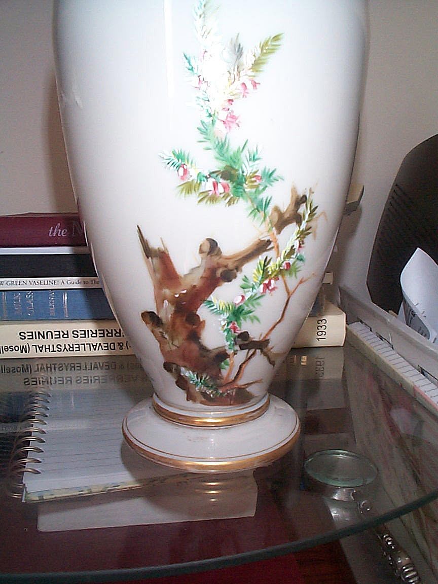 Opaline Vase with Hand Painted Forest Scene featuring a Stag Opaline Vase with Hand Painted Forest Scene featuring a Stag