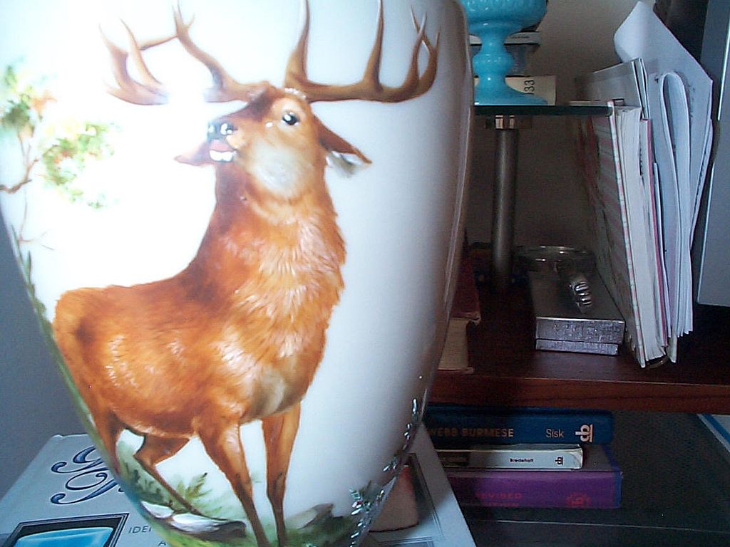 Opaline Vase with Hand Painted Forest Scene featuring a Stag Opaline Vase with Hand Painted Forest Scene featuring a Stag