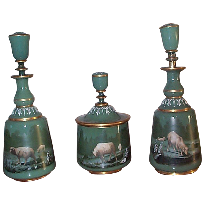 3 Piece Figural Glass Cologne Perfume Vanity Set - C 1880's 3 Piece Figural Glass Cologne Perfume Vanity Set - C 1880's