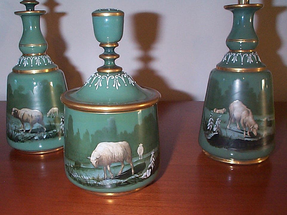 3 Piece Figural Glass Cologne Perfume Vanity Set - C 1880's 3 Piece Figural Glass Cologne Perfume Vanity Set - C 1880's