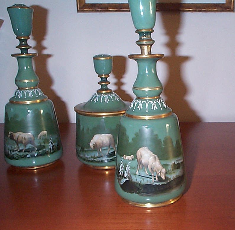 3 Piece Figural Glass Cologne Perfume Vanity Set - C 1880's 3 Piece Figural Glass Cologne Perfume Vanity Set - C 1880's