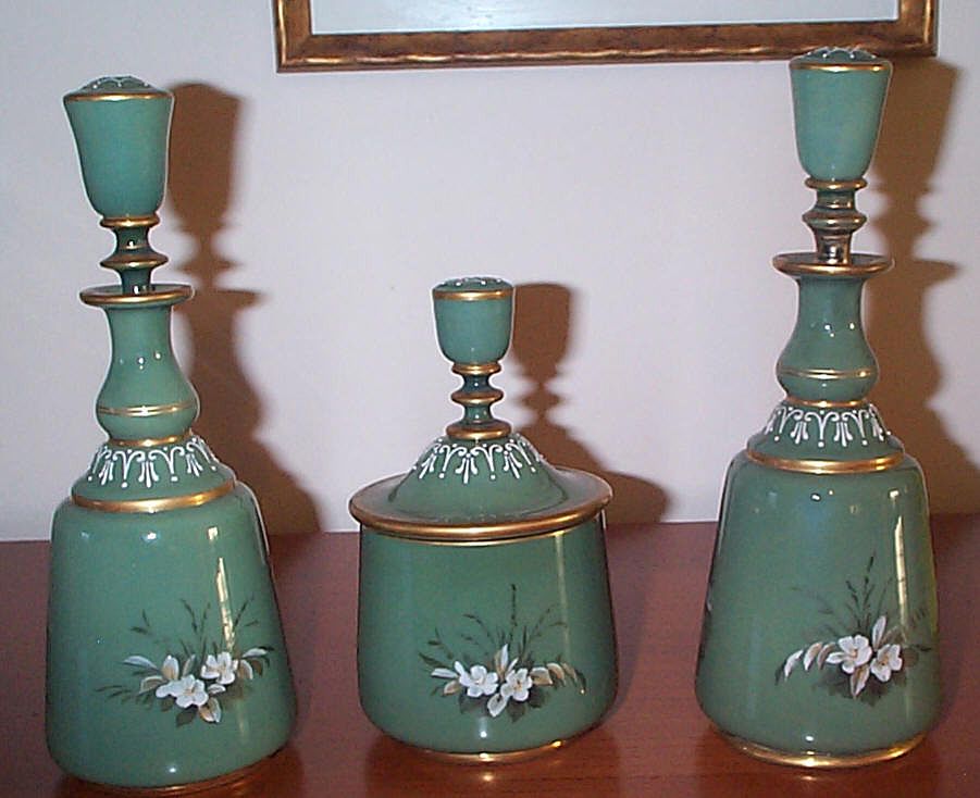 3 Piece Figural Glass Cologne Perfume Vanity Set - C 1880's 3 Piece Figural Glass Cologne Perfume Vanity Set - C 1880's