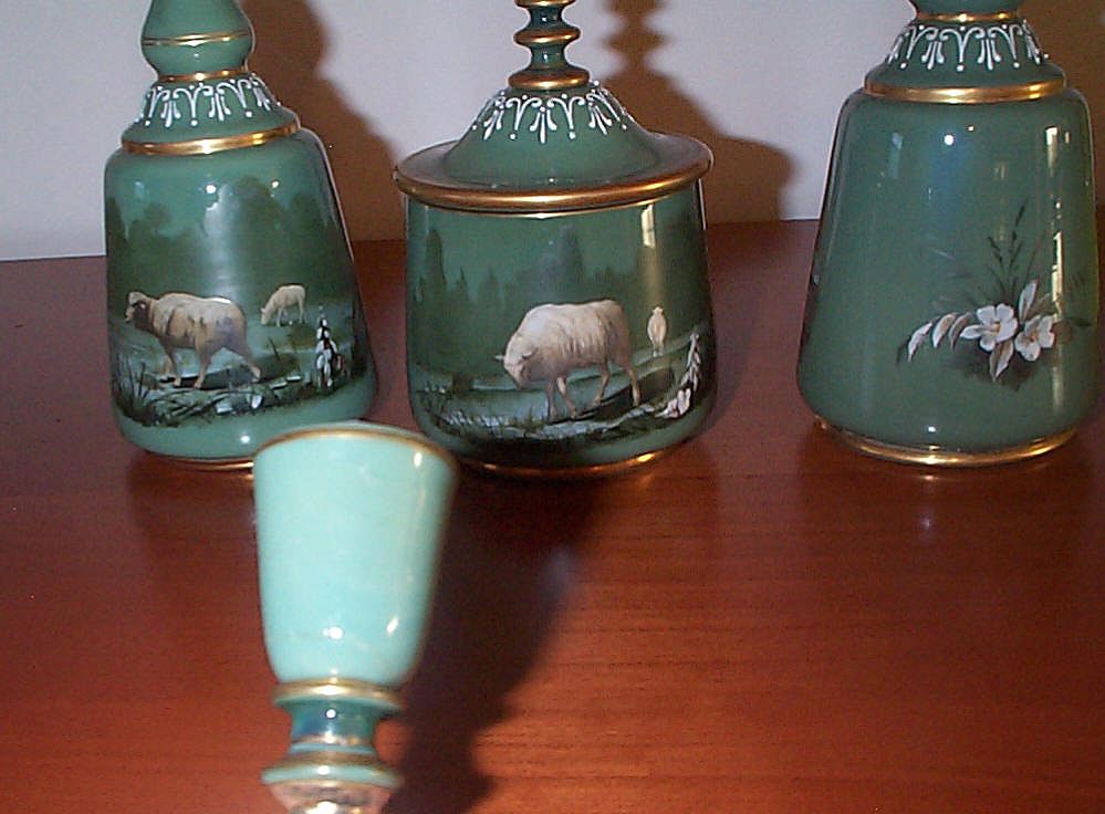 3 Piece Figural Glass Cologne Perfume Vanity Set - C 1880's 3 Piece Figural Glass Cologne Perfume Vanity Set - C 1880's