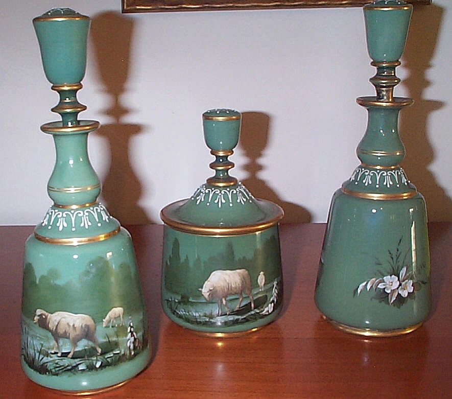 3 Piece Figural Glass Cologne Perfume Vanity Set - C 1880's 3 Piece Figural Glass Cologne Perfume Vanity Set - C 1880's