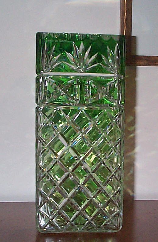 Signed Green Cut To Clear Glass Vase - 10 1/2 " Tall Signed Green Cut To Clear Glass Vase - 10 1/2 " Tall