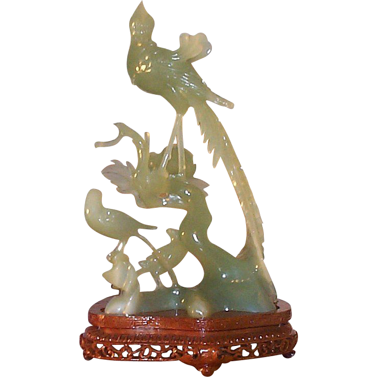Beautiful 9" Tall Carved Lite Green Jade Peacock with 2 Smaller Birds Beautiful 9" Tall Carved Lite Green Jade Peacock with 2 Smaller Birds