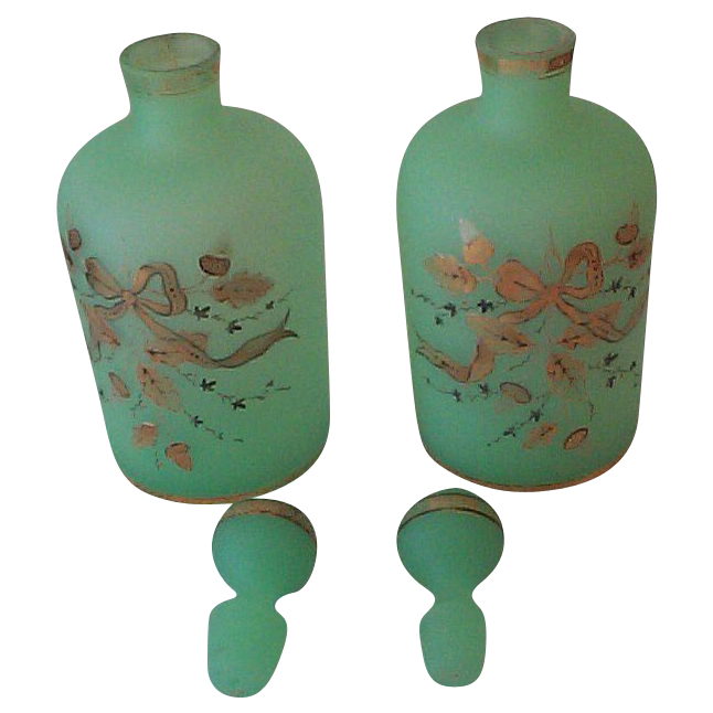 Two Jade Green Satin Finish Perfume Bottles with Decorations. Two Jade Green Satin Finish Perfume Bottles with Decorations.