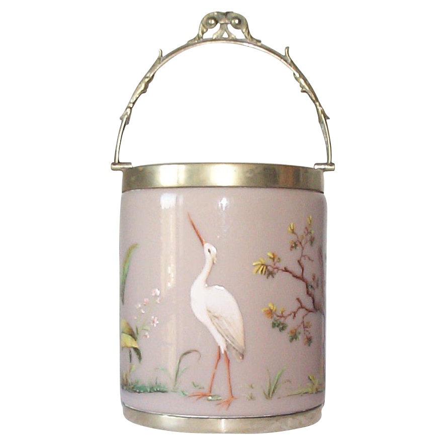 Rare Moser Opaline Biscuit Barrel with Raised Enamel Figural Wildlife Decorations Rare Moser Opaline Biscuit Barrel with Raised Enamel Figural Wildlife Decorations