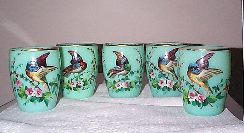 Opaline Punch Cups with Raised Enameled Decorations of Birds Opaline Punch Cups with Raised Enameled Decorations of Birds