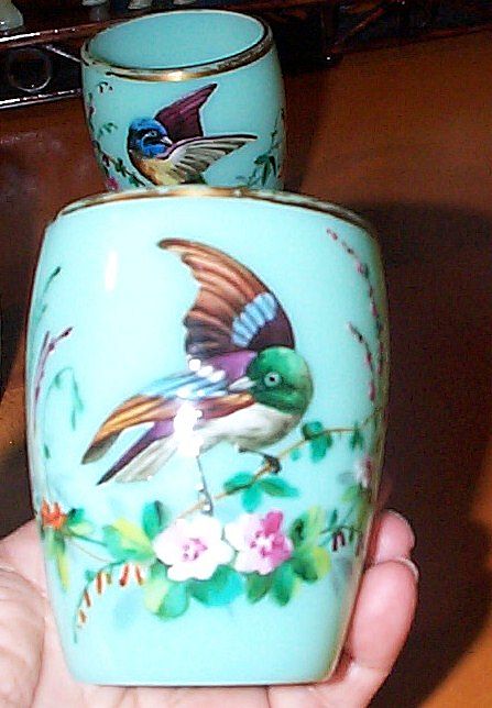 Opaline Punch Cups with Raised Enameled Decorations of Birds Opaline Punch Cups with Raised Enameled Decorations of Birds