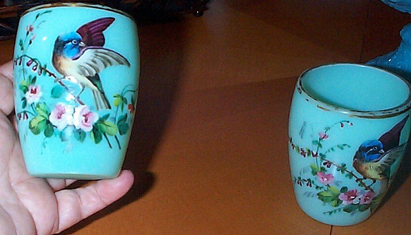 Opaline Punch Cups with Raised Enameled Decorations of Birds Opaline Punch Cups with Raised Enameled Decorations of Birds