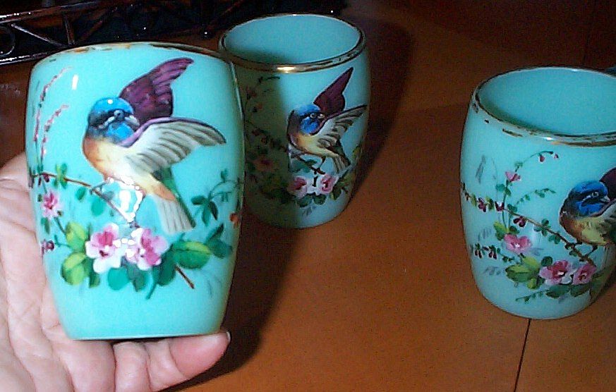 Opaline Punch Cups with Raised Enameled Decorations of Birds Opaline Punch Cups with Raised Enameled Decorations of Birds