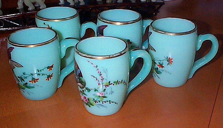Opaline Punch Cups with Raised Enameled Decorations of Birds Opaline Punch Cups with Raised Enameled Decorations of Birds