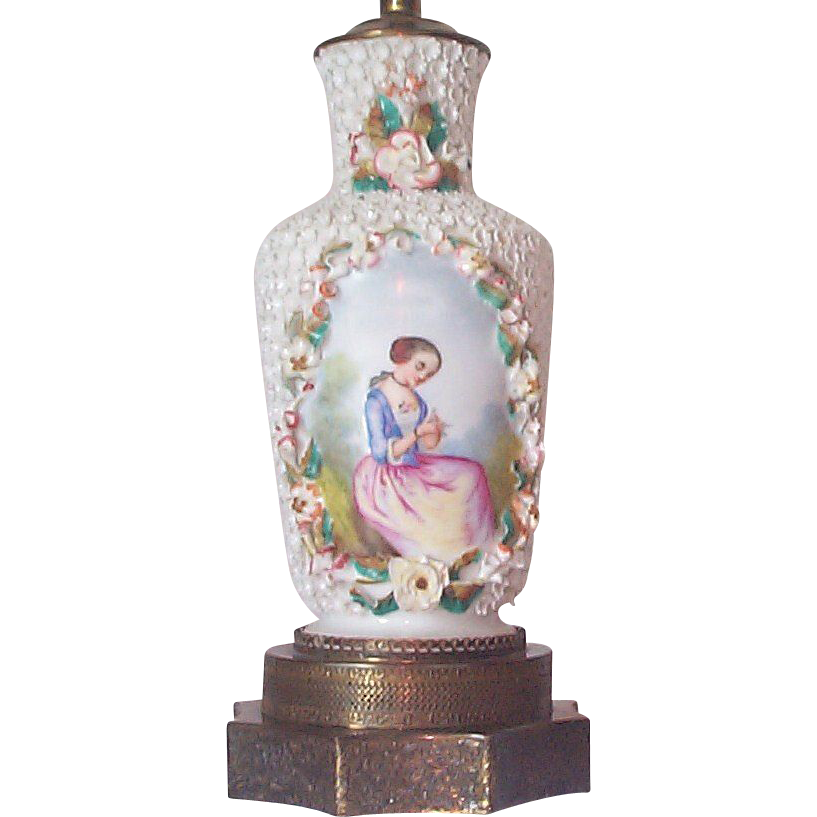 Porcelain Lamp with Hand Painted Figure of Young Lady Holding Dove In her Hand - High Relief Porcelain Flower Decorations Porcelain Lamp with Hand Painted Figure of Young Lady Holding Dove In her Hand - High Relief Porcelain Flower Decorations