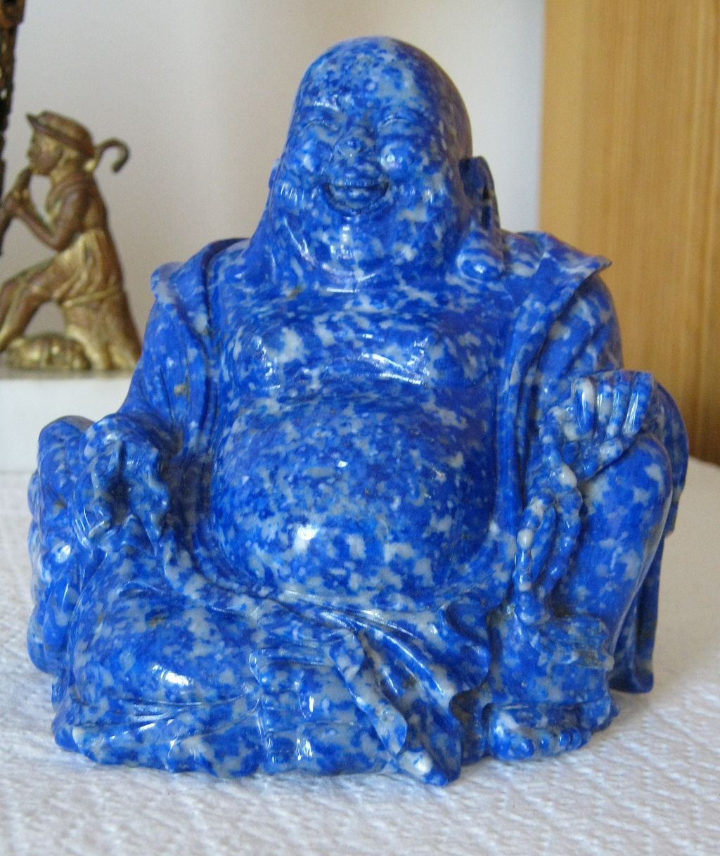Outstanding Lapis Lazuli Buddha Carving with white speckled calcite & yellow pyrite - rare Outstanding Lapis Lazuli Buddha Carving with white speckled calcite & yellow pyrite - rare