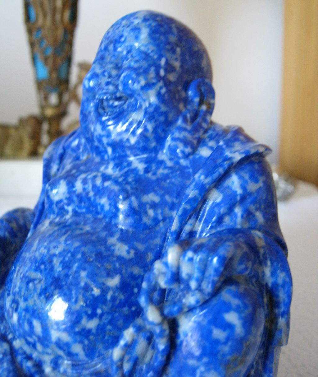 Outstanding Lapis Lazuli Buddha Carving with white speckled calcite & yellow pyrite - rare Outstanding Lapis Lazuli Buddha Carving with white speckled calcite & yellow pyrite - rare